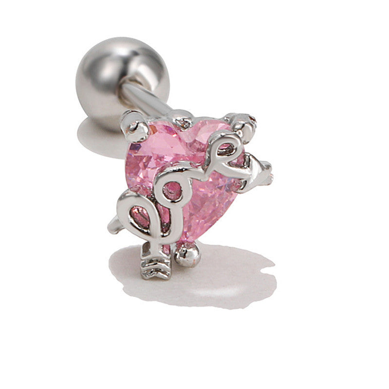 Flower Ear Pink Zircon Sweet Loving Heart Bone Inner Screw Earrings