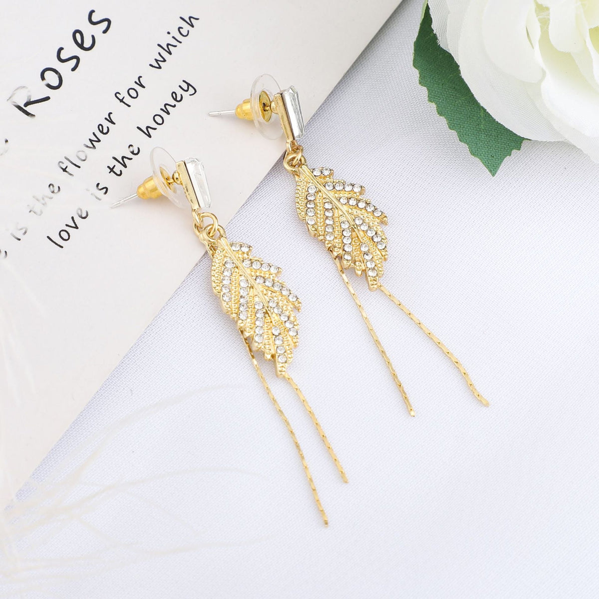 Sier Needle Elegant Golden Leaf Tassel Stud Earrings