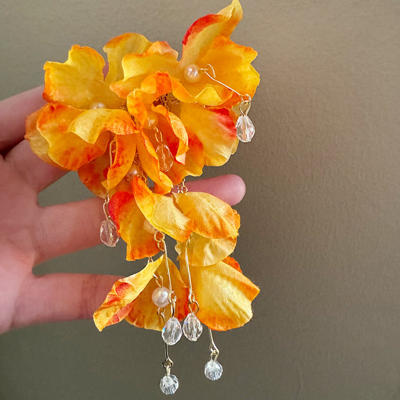 Style Western Blooming Orange Petals Beaded Fringed Zircon Earrings