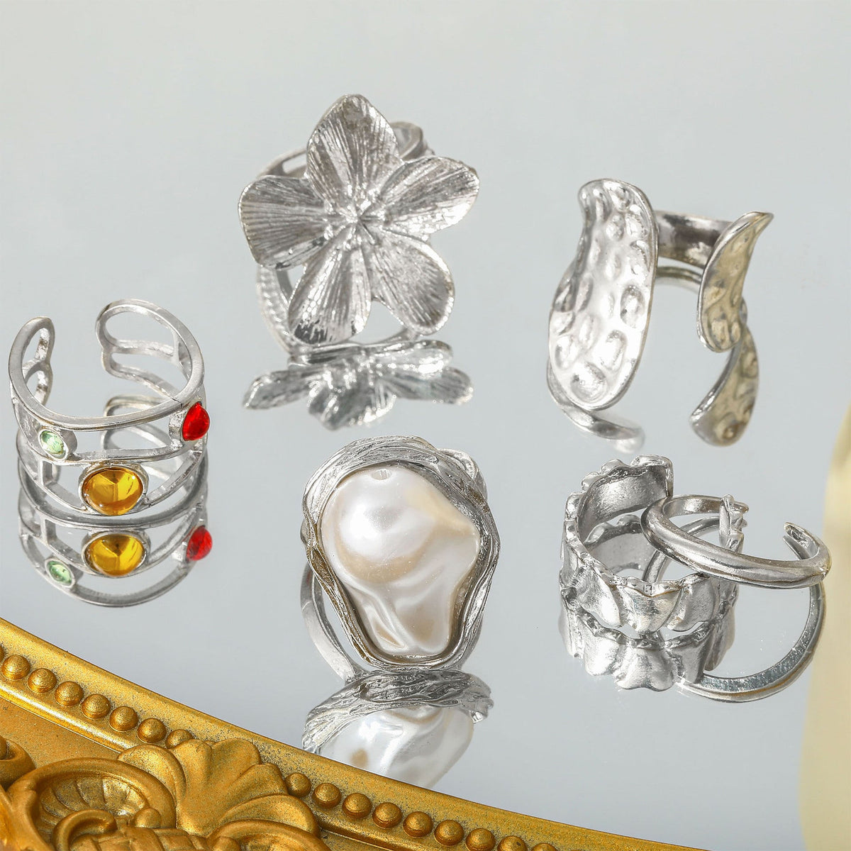 Flower Open Baroque Imitation Pearl Inlaid Rings