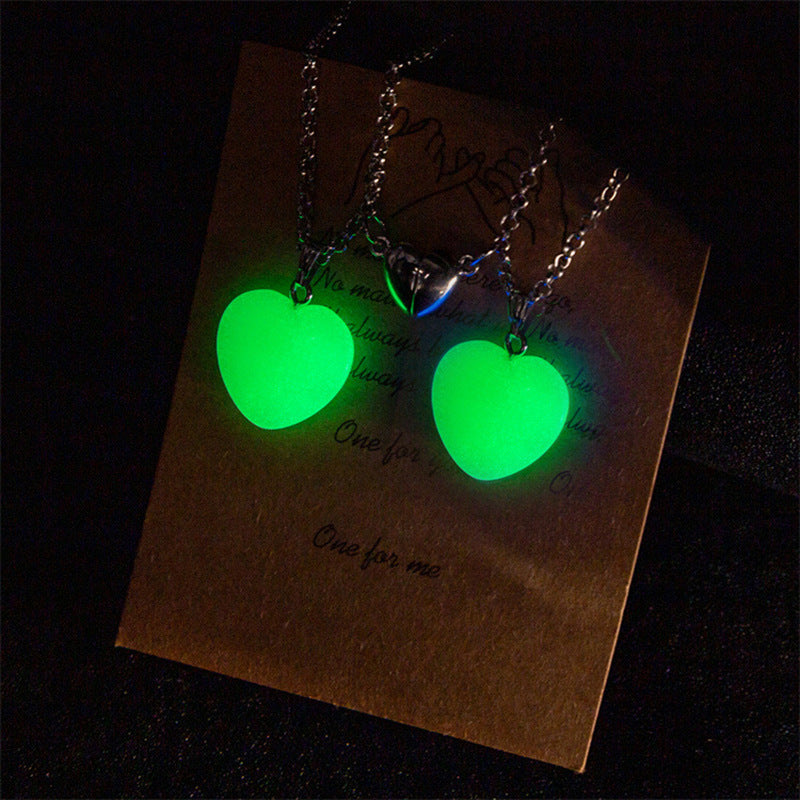 Luminous Hexagon Prism Natural Stone Heart Couple Necklaces