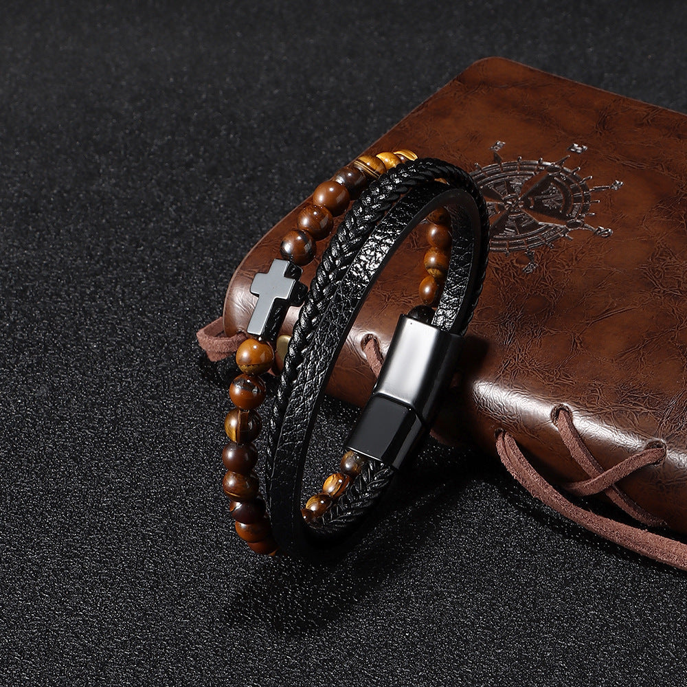 Men's Natural Tigereye Beaded Cross Woven Leather Bracelets