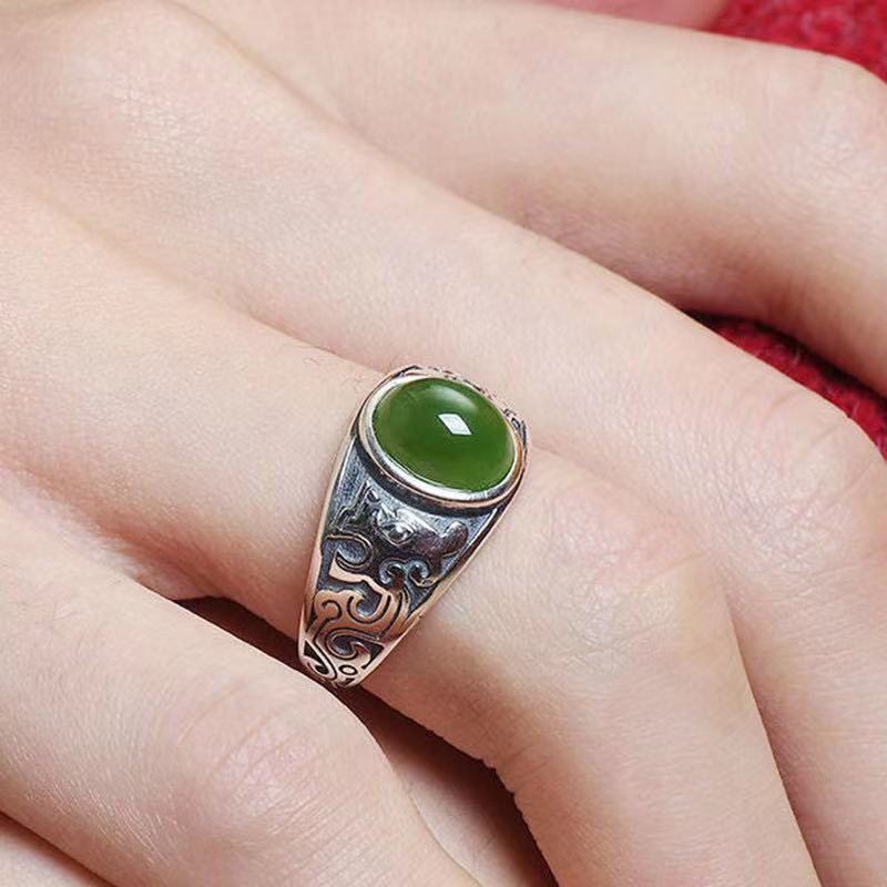 Men's Natural Jade Green Sier Vintage Emerald Open Mouth Ring