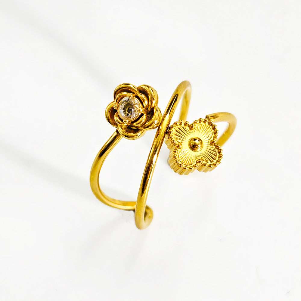 Women's Steel Korean Style Simple Light Luxury Rose Diamond Graceful Flower Ring