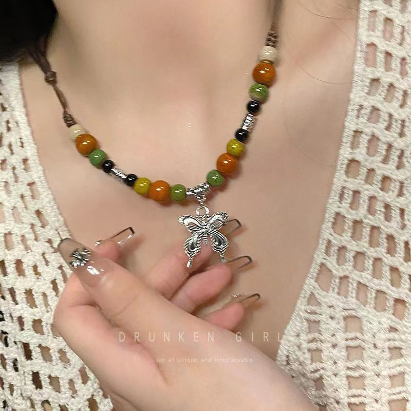 Women's Retro Ethnic Style Ceramic Butterfly Bell Fashionable Necklace