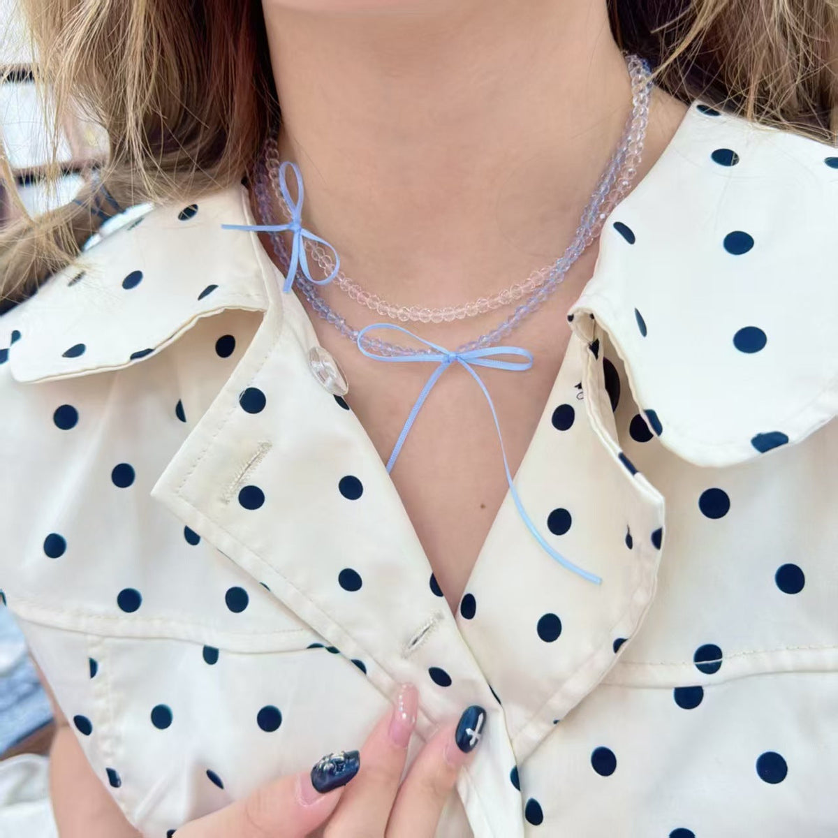 Girly Style Ribbon Bow Gentle Clear Clavicle Chain Beaded Double Necklaces