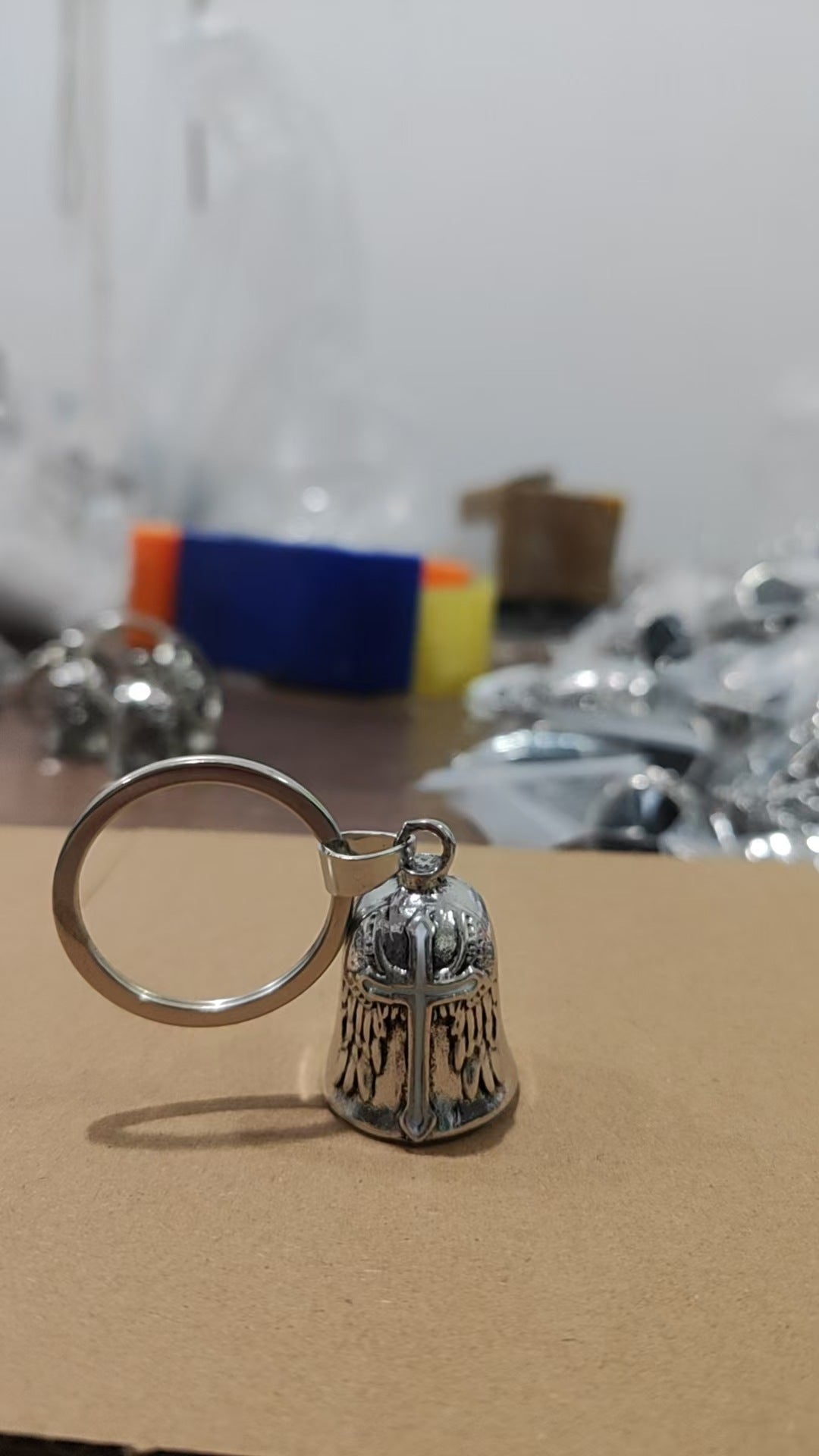 Dripping Cross Retro Punk Angel Wings Motorcycle Lucky Bell Key Necklace