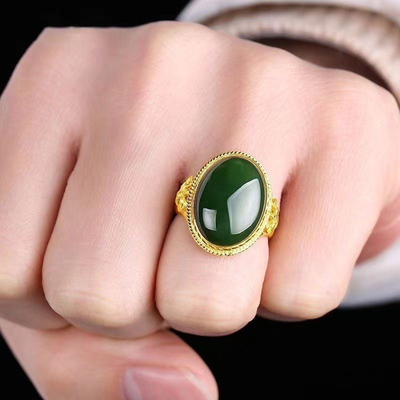 Gold Inlaid Natural Agate Jade Green Chalcedony Retro Fashion With Rings