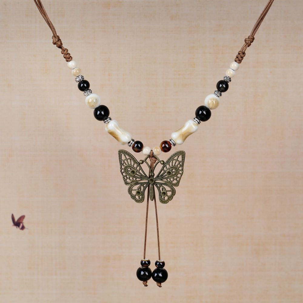 Women's Retro Ethnic Style Ceramic Butterfly Bell Fashionable Necklace