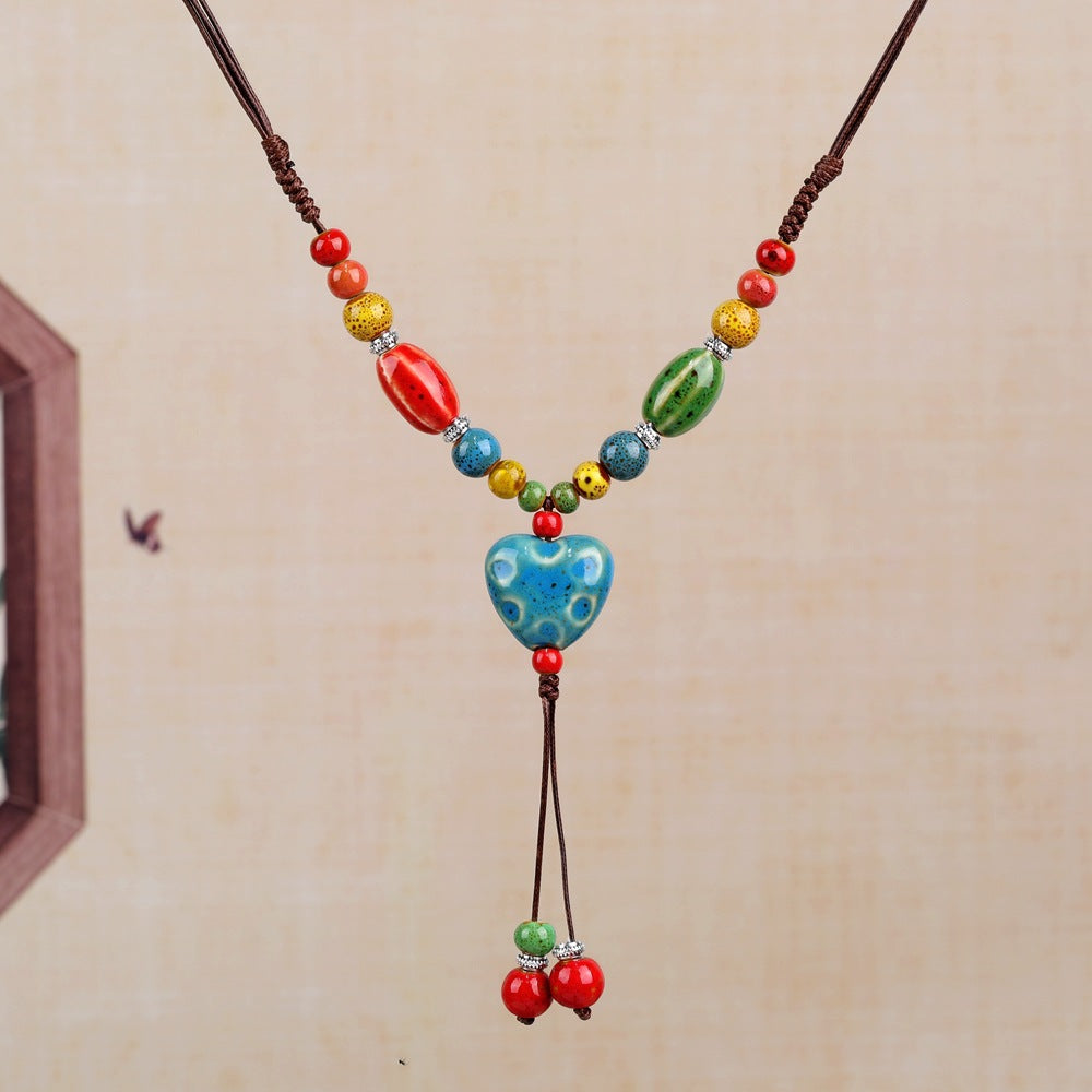 Women's Retro Ethnic Style Ceramic Butterfly Bell Fashionable Necklace