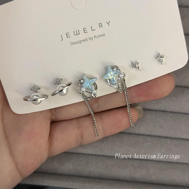 Women's Design Pearl Saturn Blue Four Stars Stud Earrings