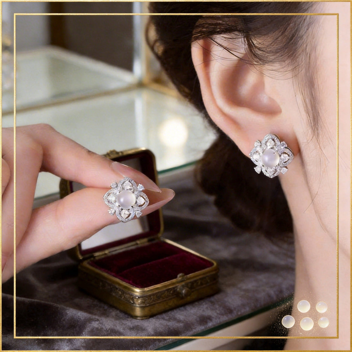 Hollow Stars Zircon Imitation White Chalcedony Full Diamond Flower Niche Stud Earrings