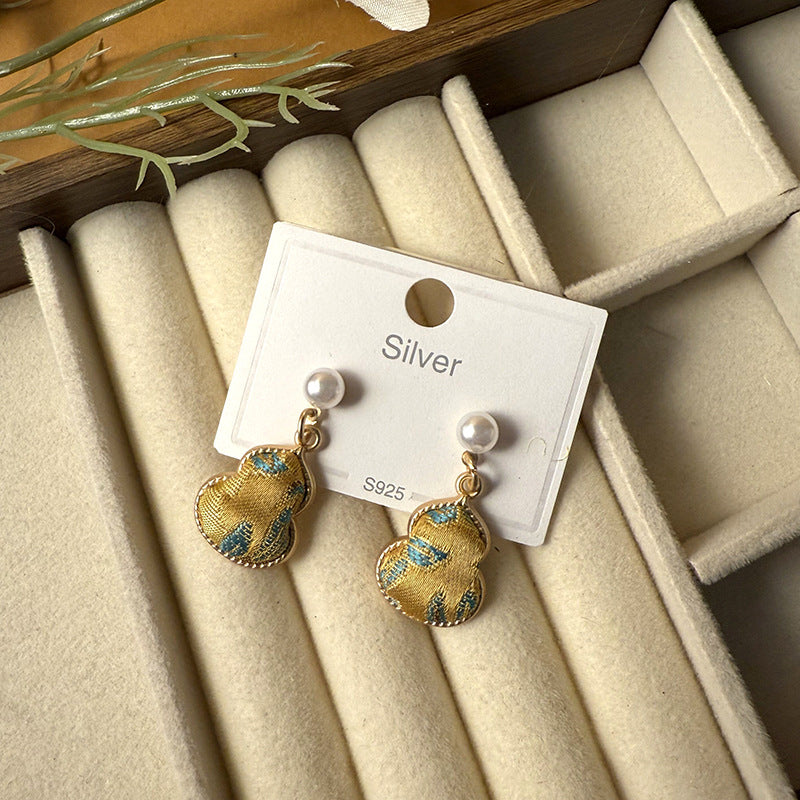 Women's Dynasty Brocade Gourd For Sier Needle Pearl Earrings