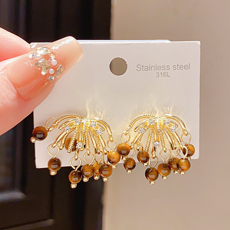 Women's Sier Needle Retro Diamonds Tigereye Fireworks Tassel Fashion Earrings