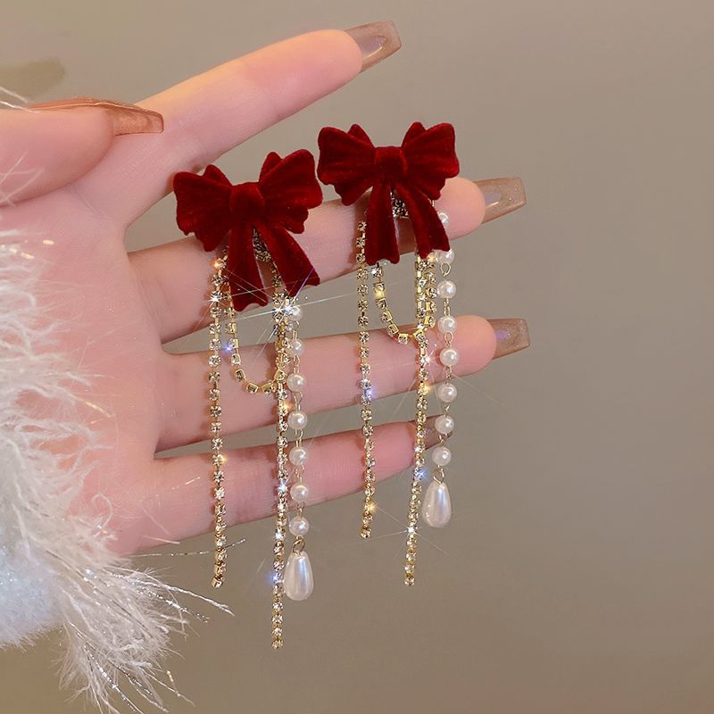 Women's Red Flocking Bow Pearl Tassel Elegant Light Luxury High-grade Earrings