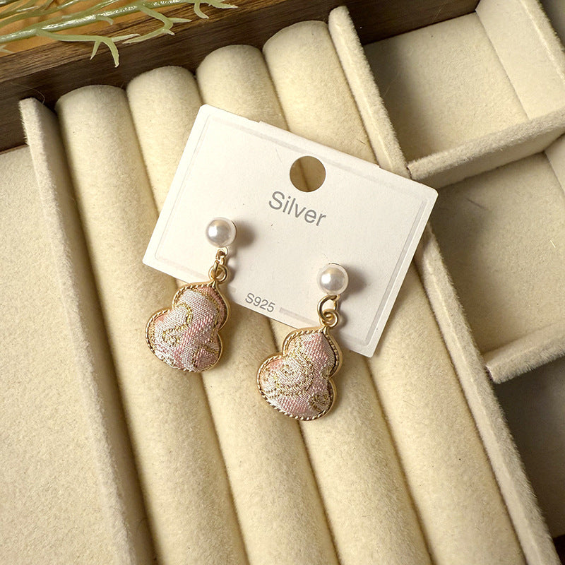 Women's Dynasty Brocade Gourd For Sier Needle Pearl Earrings