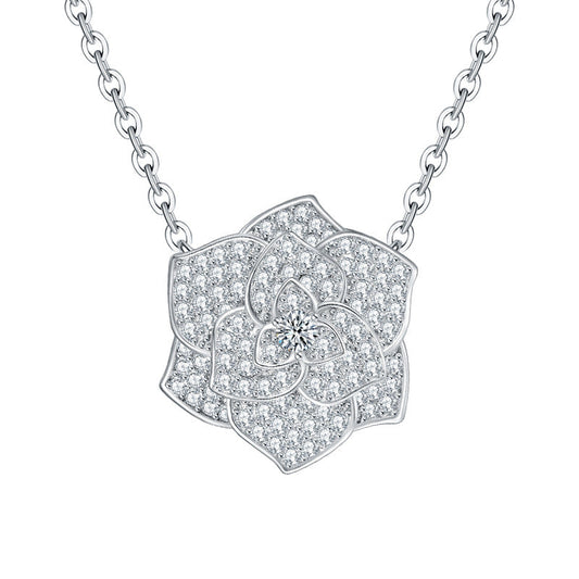 Chanel-Inspired Camellia Pendant Necklace with Brilliant D-Color VVS1 Moissanite Stones in 925 Sterling Silver