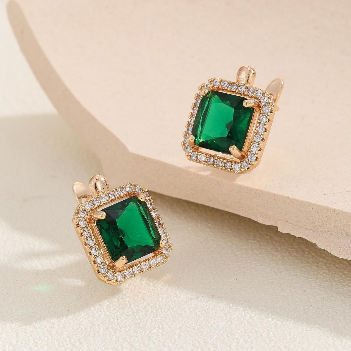 Women's Fashion Emerald Copper Small Retro Affordable Luxury Geometric Square Zircon Earrings