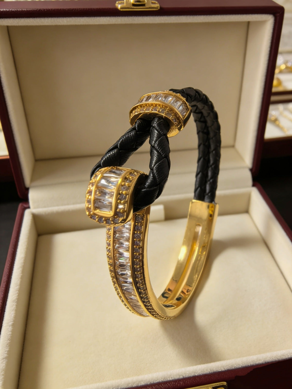 Green Leather Stitching Titanium Steel Gold Plated Retro Affordable Bracelets