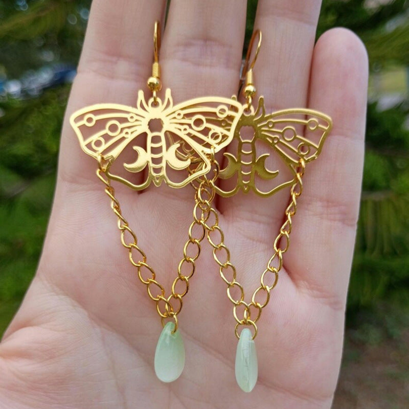 Gold Moth With Chain Drop-shaped Beads Full Of Fantasy Starry Earrings