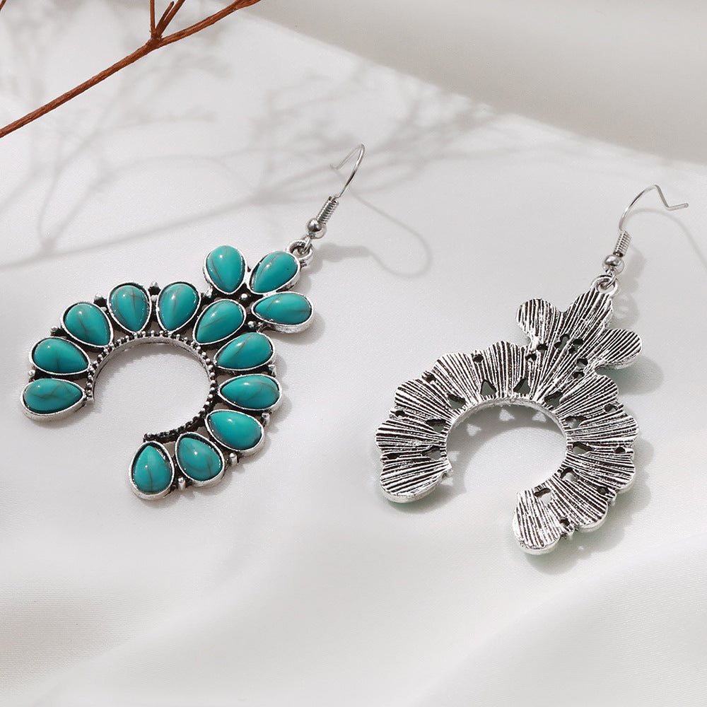 Retro Personalized Fan-shaped Hollow Turquoise Eardrops Rings