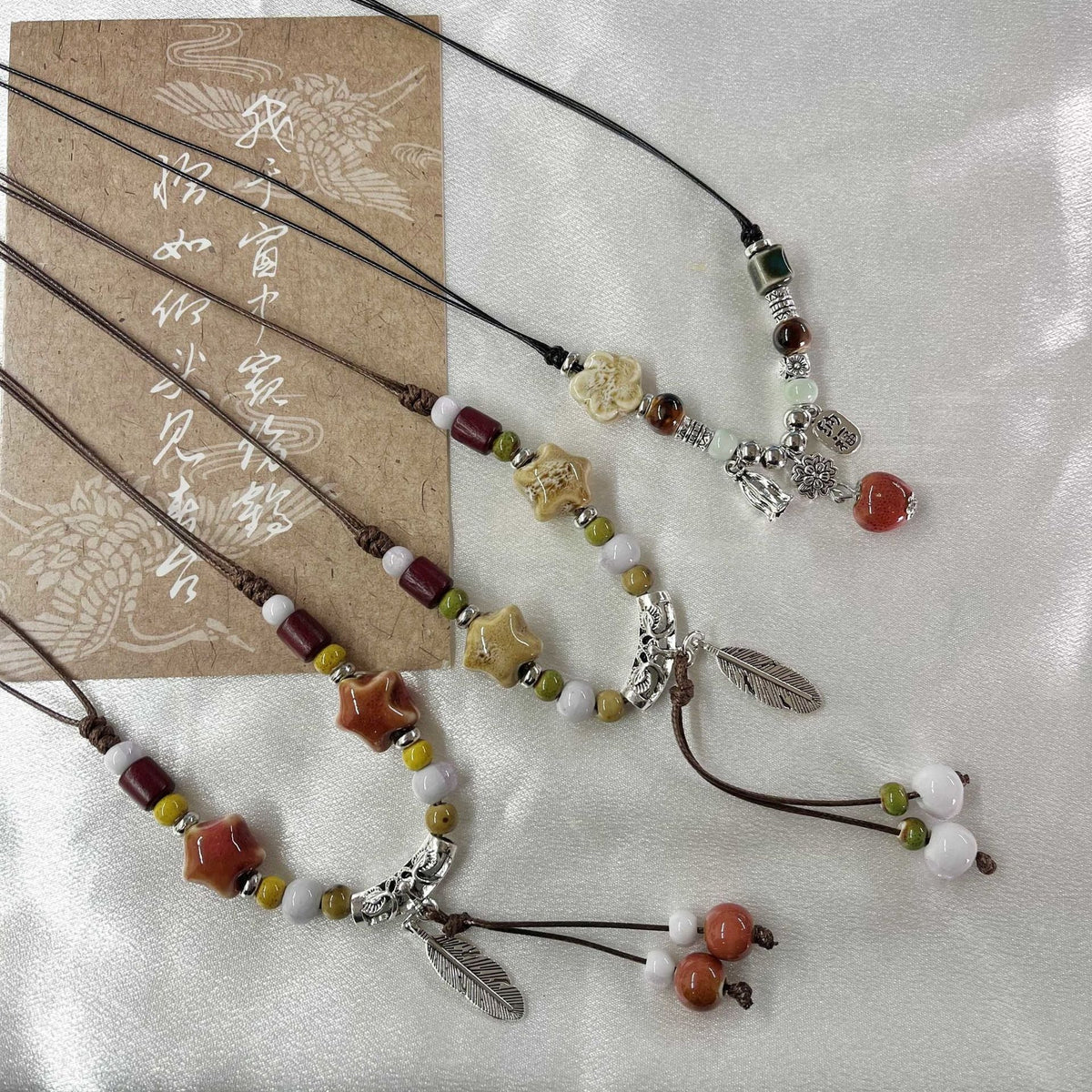 Women's Style Handmade Braid Rope Ceramic Beaded Fashion Long Necklace