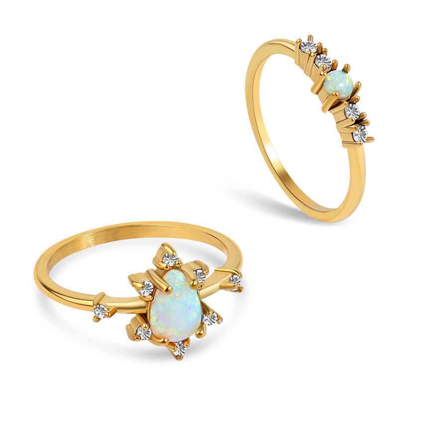 Retro High-grade Inlaid Exquisite Blue Heart-shaped Opal Fine Rhinestone Titanium Ring