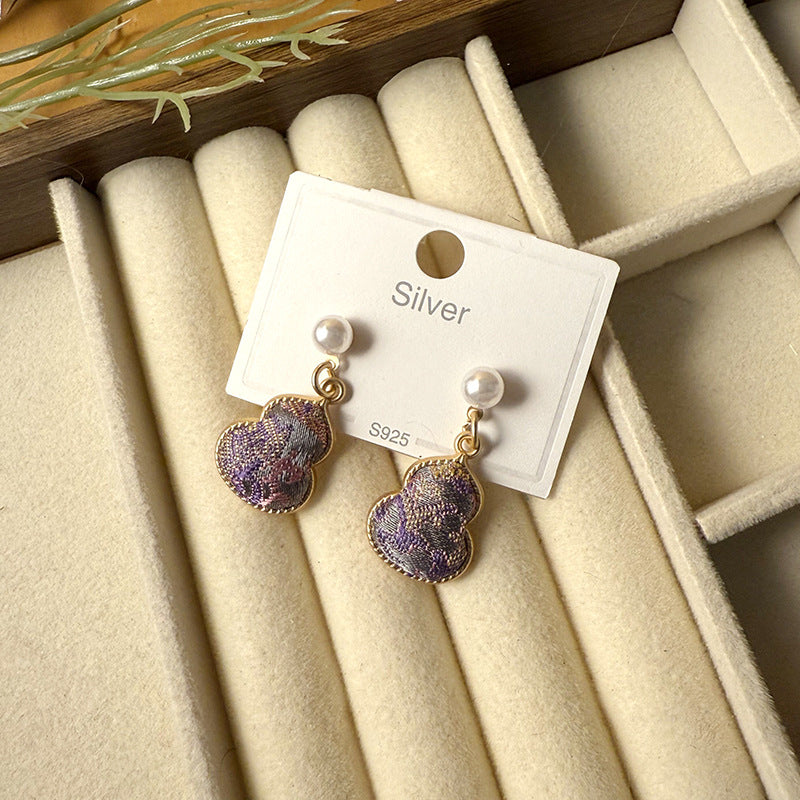 Women's Dynasty Brocade Gourd For Sier Needle Pearl Earrings