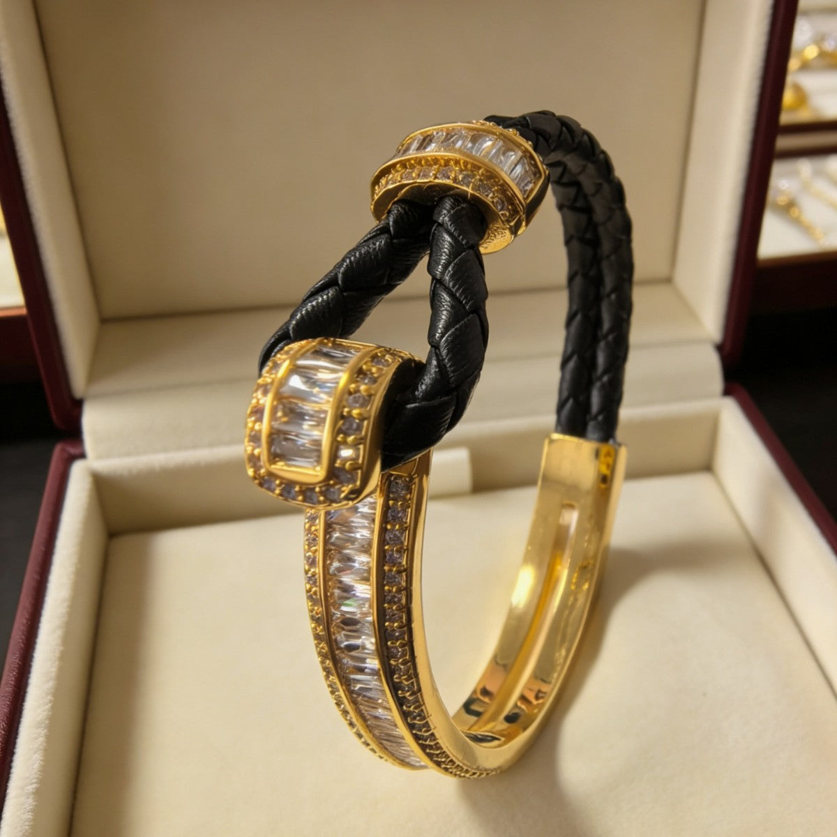 Green Leather Stitching Titanium Steel Gold Plated Retro Affordable Bracelets