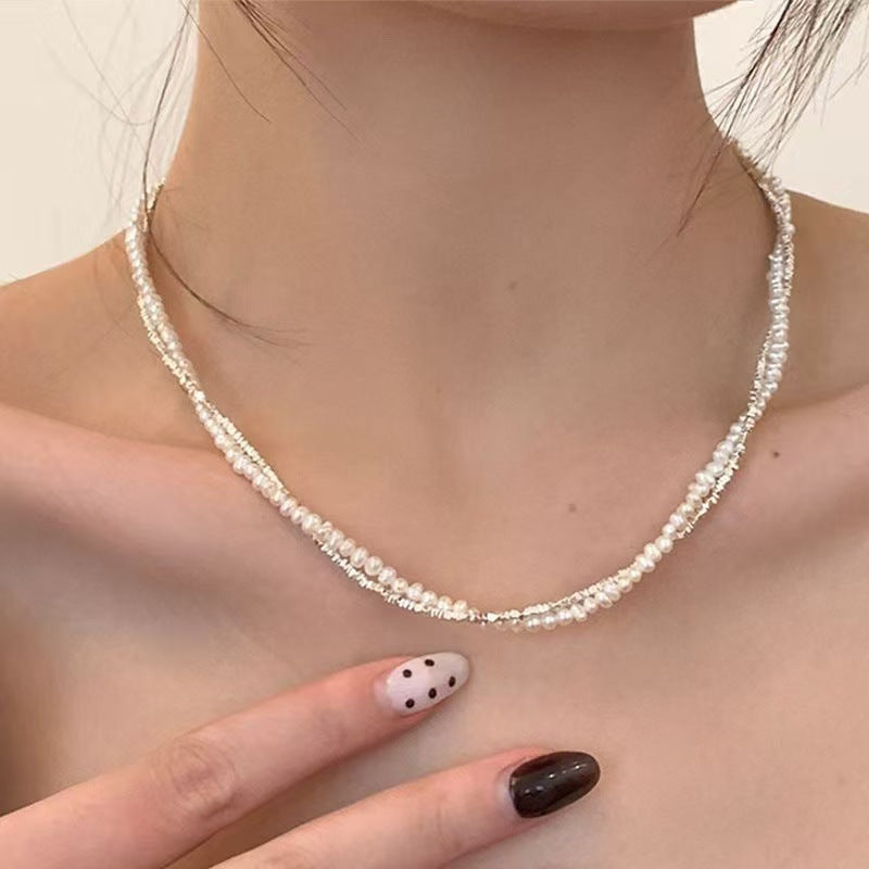 Women's Pieces Of Sier Pearl Winding Double Layered Clavicle Chain Light Necklace