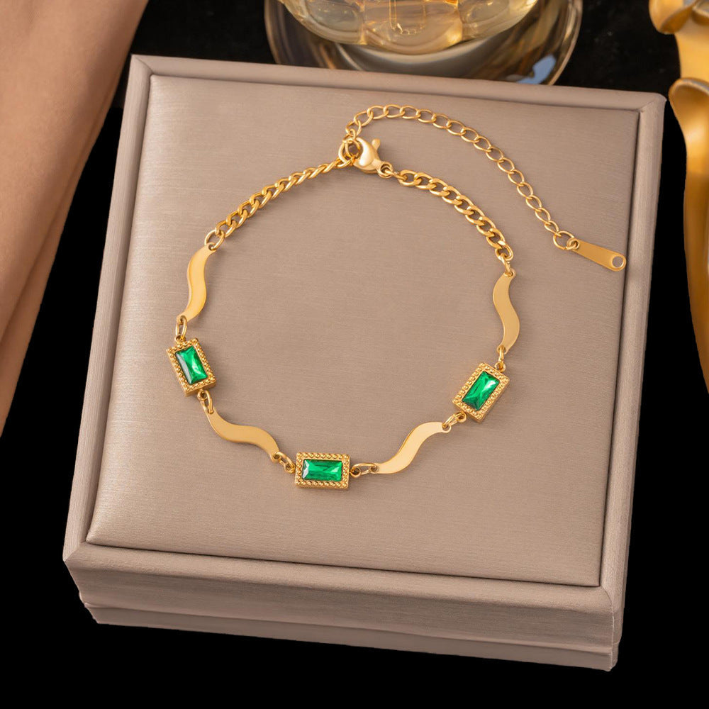 Birthday Crystal Stone Ocean Wave Titanium Steel Square Bracelet