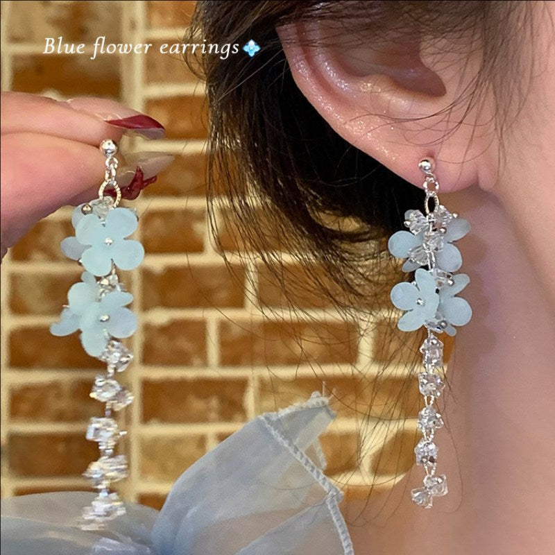 Women's Mint Mambo Blue Flower For Long Tassel Earrings