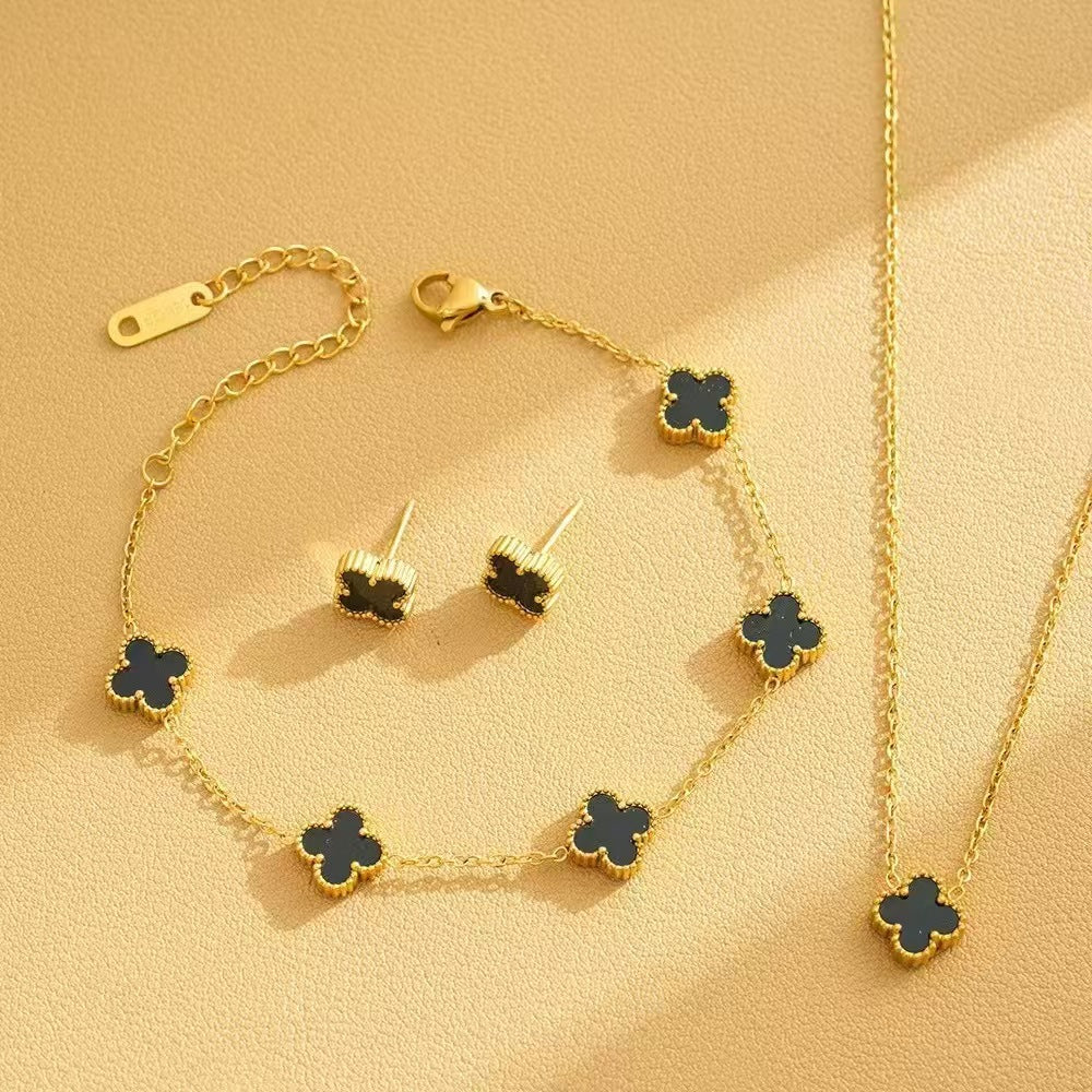 Women's Steel Double-sided Four-leaf Flower Fashion Temperament Entry Jewelry Set