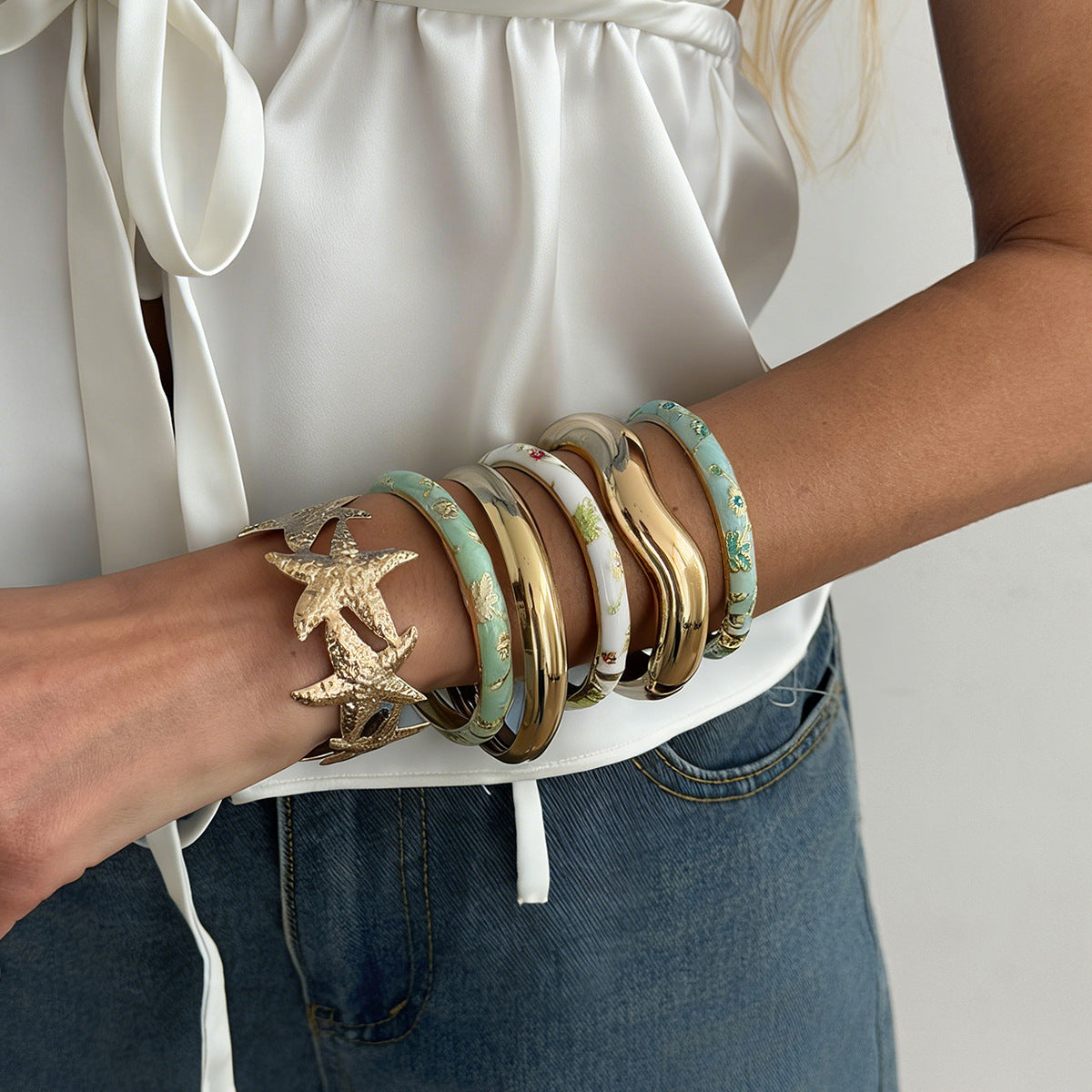 Pastoral Colorful Oil Flowers Openings Female Liquid Starfish Wave Bracelet