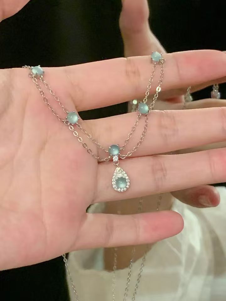 Aquamarine Tassel French Style High Sense Mild Luxury Necklaces