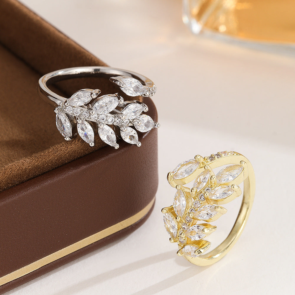 Delicate Leaves Open Light Luxury High Sense Zircon Index Rings