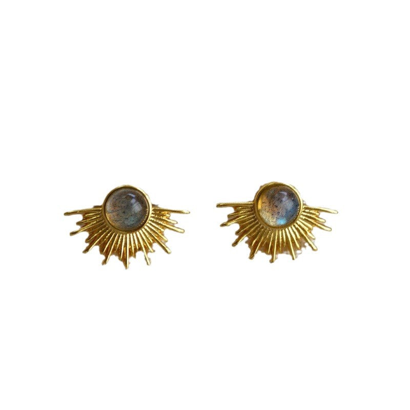 Brass Gold-plated Inlaid Moonlight Labradorite Golden Sier Stud Earrings