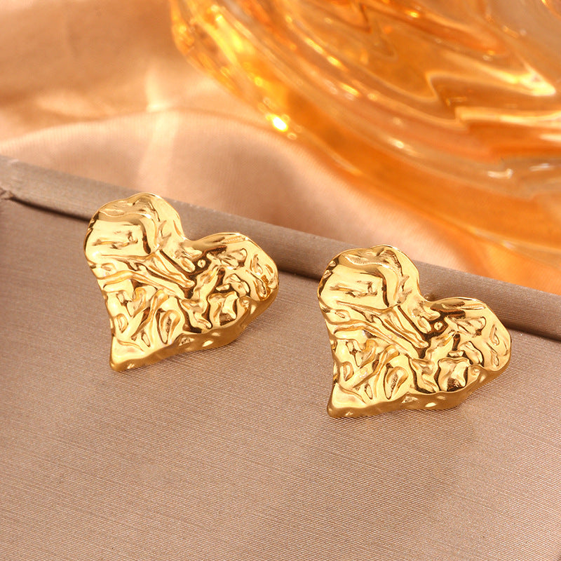Retro Easy Matching Simple Titanium Steel Gold-plated Irregular Heart Maple Stud Earrings