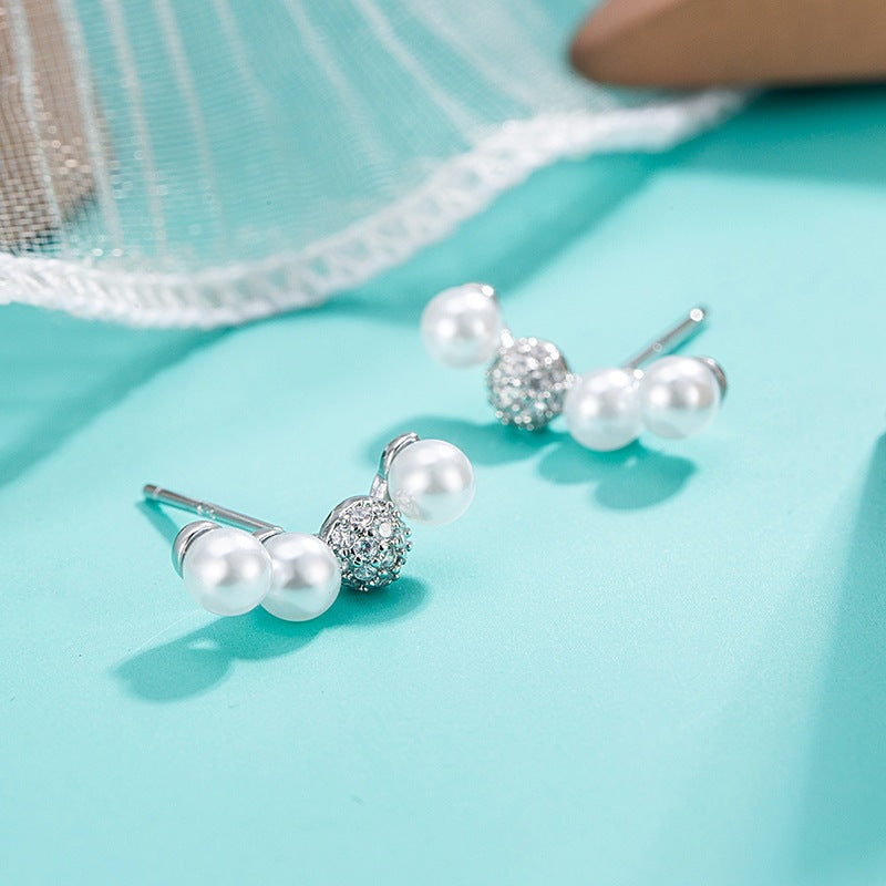 Women's Luxury Small Micro Inlaid Pearls Zircon Smile Stud Earrings