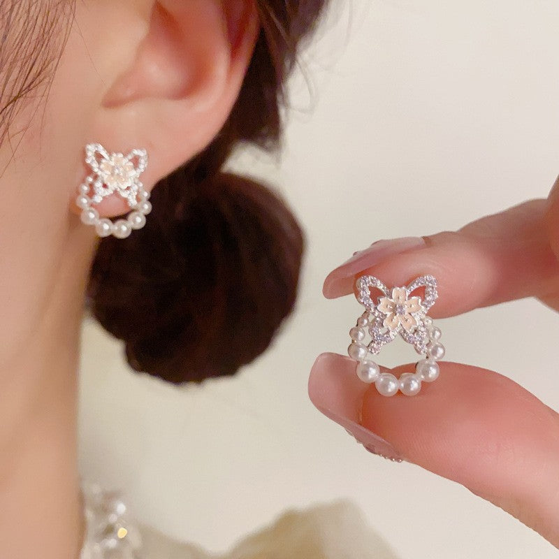 Sweet Thick Sier Zircon Butterfly Pearl Hoop Rings