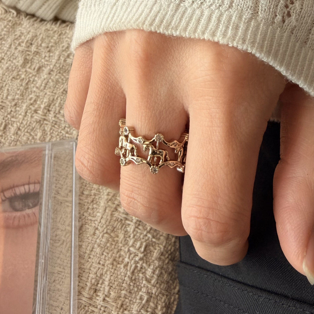 Coffee Gold Rotating Pony Open Exquisite Fantasy Childlike Rings