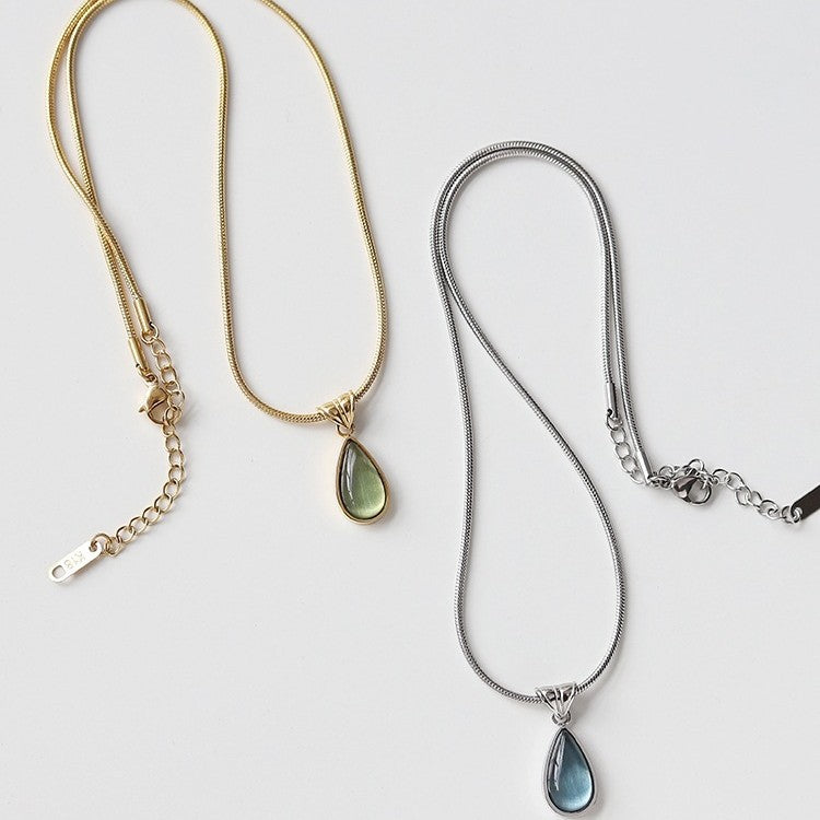 Women's Retro Olive Green Blue Water Drop Niche Design Necklaces