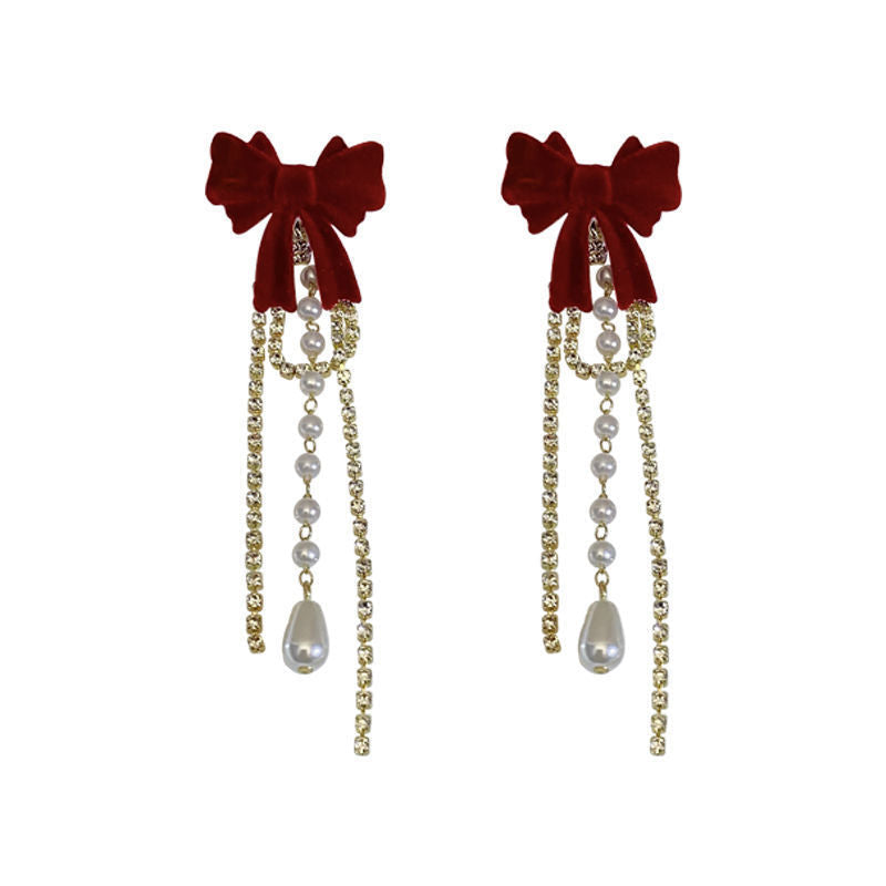 Women's Red Flocking Bow Pearl Tassel Elegant Light Luxury High-grade Earrings