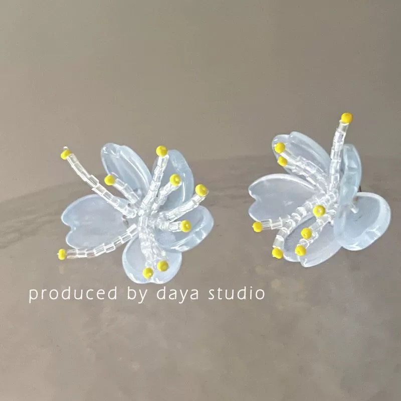 Women's Summer Fresh Blue Flower For Exquisite Sweet Acrylic Beaded Refined Stud Earrings