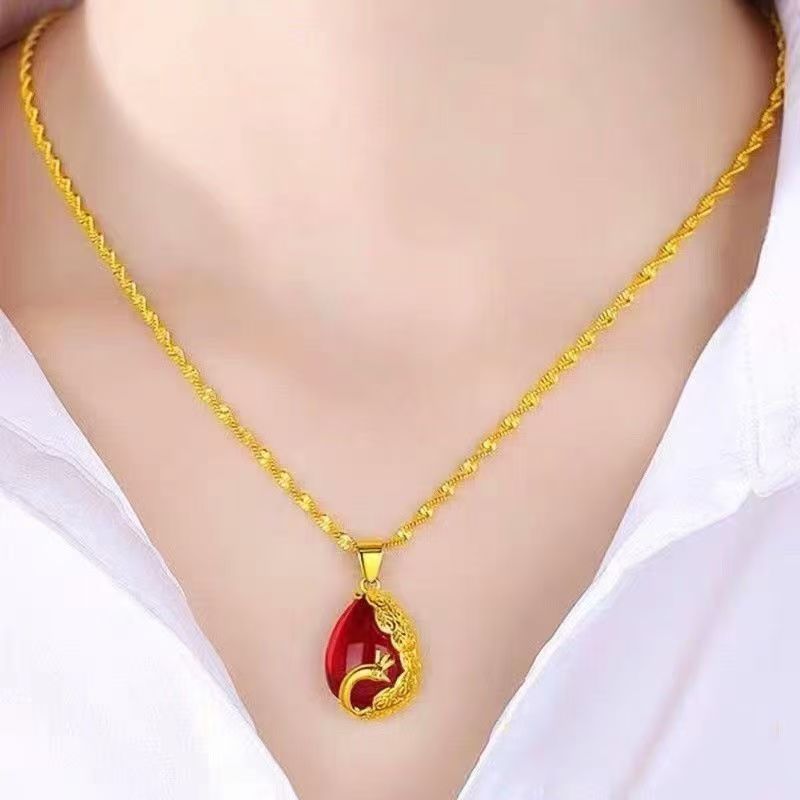 Exquisite Red Green Water Drop Phoenix Female Design Peacock Clavicle Necklace