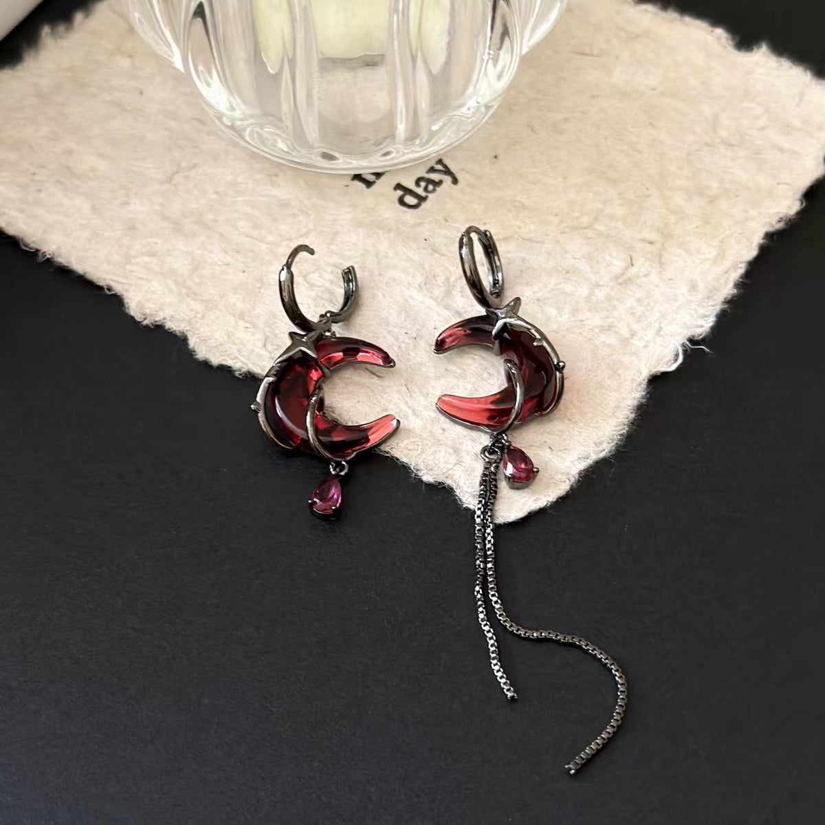 Red Crescent Tassel Chinese Style Asymmetric Design Advanced Niche Personality Earrings