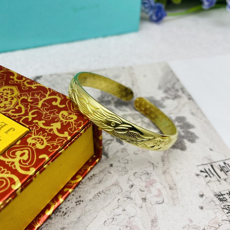 Women's Glossy Brass Open-ended Plum Blossom Dragon Phoenix Fu Bracelets