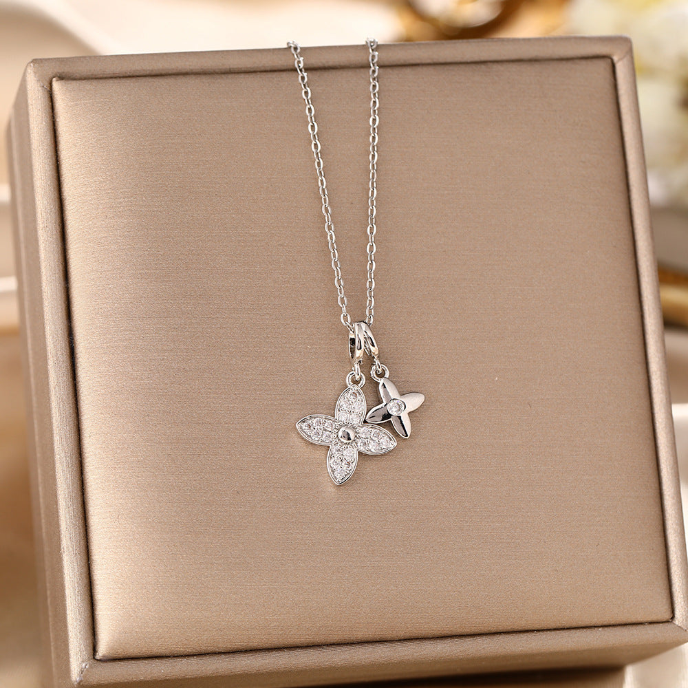Women's Titanium Steel Design Diamond Double Clover Fashion Necklace