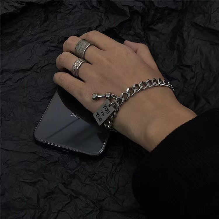 Women's & Men's Fashion Fitness Small Dumbbell Titanium Steel No Fading Letter Bracelet