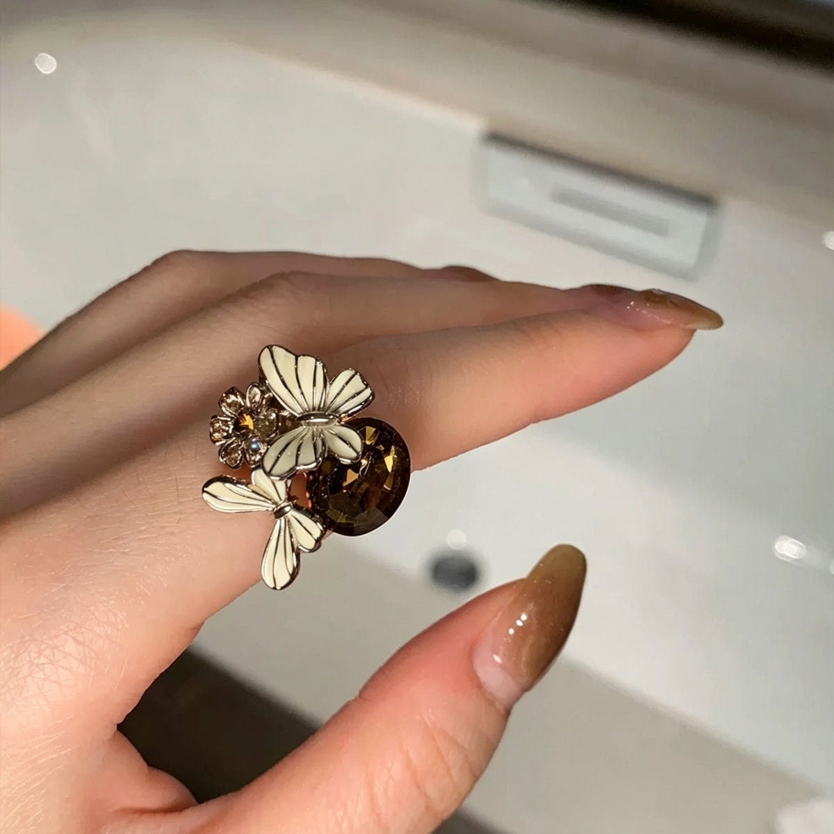 Women's Coffee Gold Retro Affordable Luxury Dripping Butterfly Diamond Open Niche Ring